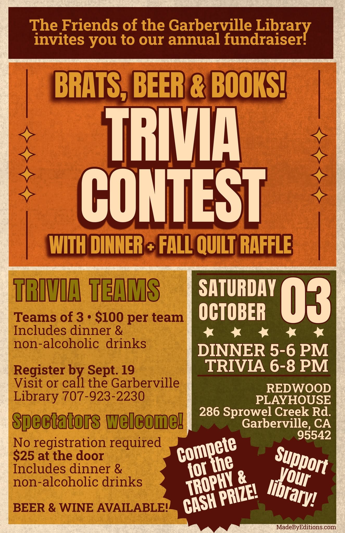 Brats, Beer & Books! Trivia Contest & Fundraiser for the Garberville Library