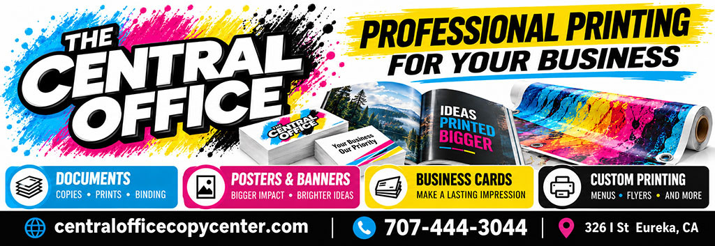 Central Office Copy Center banner advertising professional printing services for businesses, including documents, posters and banners, business cards, and custom printing. Features colorful CMYK-inspired graphics, printed materials, the Central Office Copy Center logo, and the website centralofficecopycenter.com